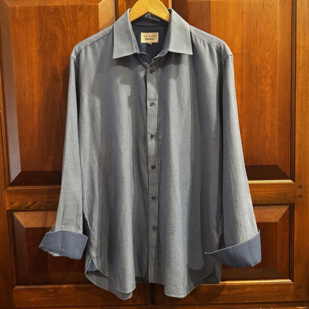 Ted Baker Endurance Blue White Geometric Cutaway Collar Dress Shirt 17.5 34/35